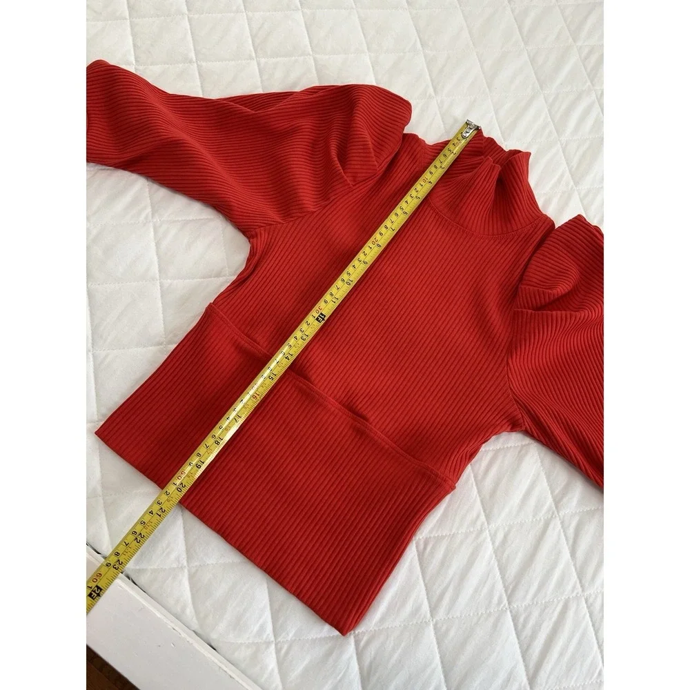 Free People Red Ribbed Mock Neck Puff Sleeve Knit Top Romantic Coquette Boho‎ M